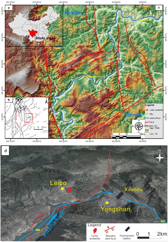 Figure 1. Generalized location map and tectonic setting of the Leibo landslide. (a) Location of study area. (b) The tectonic setting of study area. (c) Geographic position and region of the Leibo landslide. (d) The geomorphologic map of the study area. Source: Author.