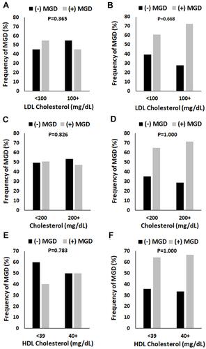 Figure 3 The proportion of patients with MGD in both the female and male groups were unaltered by serum cholesterol levels. (A and B) Total cholesterol levels were defined as normal (< 200 mg/dL) or high (200 mg/dL and above). There were no differences in the proportion of MGD in females (P = 0.826, chi-square test, panel (A) or males (P = 1.000, chi-square test, panel (B). (C and D) HDL cholesterol was defined as low (< 39 mg/dL) or good (40 mg/dL and above). While there were fewer females with MGD in the normal group compared to non-MGD, this was not significant (P = 0.783, chi-square test, panel (C). No differences were seen in the high group. In contrast to this, there were no differences in the proportion of males with MGD compared to non-MGD in either the normal or high group (P = 1.000, chi-square test, panel (D). (E and F) LDL cholesterol was defined as normal (< 100 mg/dL) or high (100 mg/dL and above). There were no differences in the frequency of female patients with MGD in either the normal or high categories (P = 0.365, chi-square test, panel (E). Likewise, no differences were noted for males (P = 0.668, chi-square test, panel (F).