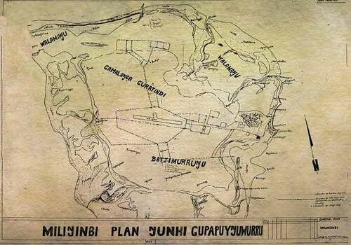 Figure 2. Map of Milingimbi Island, 1976, by Wunyimarra, showing the ownership of clan estates in Gupapuyŋu language