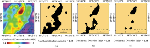Figure 9. GDI values in the Langpu geothermal field (a) and the geothermal potential detection area extracted using three thresholds of 1.34 (b), 1.36 (c), and 1.38 (d).