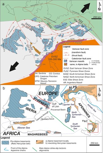 Figure 1. Past and present geodynamic scenario of the western Mediteranean realm (a) Frame of the western Mediterranean strike-slip kinematic pattern in the Late Carboniferous–Early Permian time interval. Green area Laurussia geodynamic domain; gray area: Gondwana derived microplates; orange area: Gondwana plate. EVSZ: East Variscan Shear Zone (Corsini & Rolland, Citation2009; Padovano et al., Citation2012); PySZ: Pyrenees Shear Zones; SASZ: South Armorican Shear Zone (Tartèse et al., Citation2012); NASZ: North Armorican Shear Zone; ESZ: Elbe Shear Zone (Hofmann et al., Citation2009); CPO: Calabria-Peloritani-Orogen (CitationCirrincione et al., 2012a); Sa: Sardinia; Co: Corsica; MTM: Maures–Tanneron Massif; Big white arrow (Palinspastic reconstruction of the main contractional regional stress axis); Big black arrow (Palinspastic reconstruction of the main extensional regional stress axis) (modified after Franke, Citation2000; Matte, Citation2001; Padovano et al., Citation2014; von Raumer et al., Citation2003). (b) Present-day distribution of the Alpine and Pre-Alpine Basement in western Europe with CPO location and main Alpine strike-slip tectonic alignment (after CitationCirrincione et al., 2015).