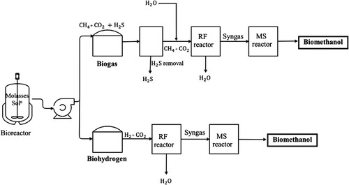 Figure 1. Pathway A: Molasses to biogas and biomethanol; Pathway B: Molasses to biohydrogen and biomethanol.