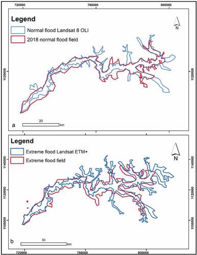Figure 4. (a) L8 precise delineation of the normal flood-prone area; (b) ETM precise delineation of the extreme flood-prone areas both validated with field data sets. (c) Extent of the normal flood-prone area on an aerial image; (b) extent the extreme flood-prone areas over an aerial image