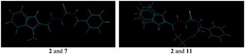 Figure 2. Overlay of the structures of hit 2 and representative model compounds 7 and 11. Geometries of the remaining thiosemicarbazides 3–6 and 8–10 are given in Figure 3.