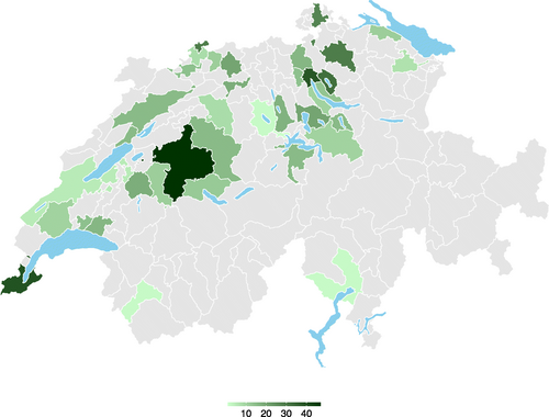 Fig. 1 Questionnaires answered by Swiss districts. Colour density by numbers of questionnaires