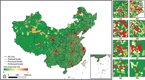 Figure 7. Township scale distribution of the out-of-poverty rate in 2016 (0 equals absolute poverty and 1 equals absolute rich). (a) Beijing, the capital of China. (b) Shanghai, the richest city of China, located in the east of China. (c) Guangzhou, the center city of the Pearl River Delta, one of the richest areas of China, located in the south of China. (d) Chengdu, an important high-tech industrial base of China, located in the southwest of China. (e) Wuhan, the center city of Central China. (f) Zhengzhou, the center city of the Central Plains City Group. (g) Shenyang, the capital of Liaoning Province, located in the northeast of China. (h) Xining, the capital of Qinghai Province, located in the northwest of China.