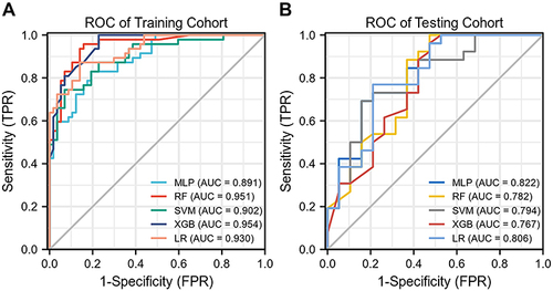 Figure 4 The receiver operating characteristic (ROC) curves of the five models. (A) five model ROC curves in the training cohort. (B) five model ROC curves in the testing cohort.
