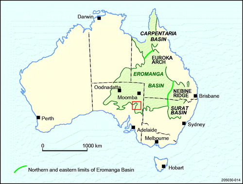 Figure 1. Outline of the Eromanga Basin and associated Mesozoic basins. The red square approximately marks the area under consideration of northern Flinders Ranges and adjacent lowlands. Modified from Alexander and Cotton (Citation2006).