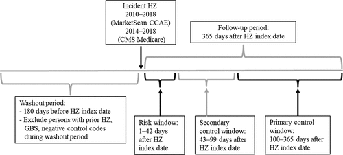 Figure 1. Timeline for self-controlled case series analysis assessing risk of Guillain-Barré syndrome (GBS) following herpes zoster (HZ) using MarketScan Commercial Claims and Encounters (CCAE) and Centers for Medicare and Medicaid Services (CMS) Medicare data, United States, 2010–2018.