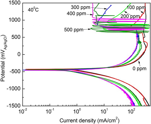 Figure 5. Effect of M. sativa concentration on the polarization curves for 1018 carbon steel in 0.5 M H2SO4 at 40°C.
