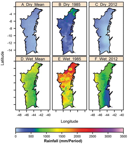 Figure 7. Spatial distribution of the dry (upper) and rainy (lower) periods for the climatological mean (a and b), the year 1985 (wetter) (c and d), and the year 1998 (drier) (e and f) for the Cerrado biome.