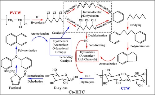 Figure 8. Mechanism for the synthesis of hydrochars through co-HTC (Reproduced from reference (Citation63) with permission from Elsevier).