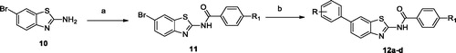 Scheme 2. Synthesis of benzothiazole derivatives. Reagents and conditions: (a) 4, NaH, THF, 60 °C, 51–62%; (b) R-B(OH)2, Cs2CO3, Pd(dppf)Cl2, dioxane, 120 °C, 47–53%.