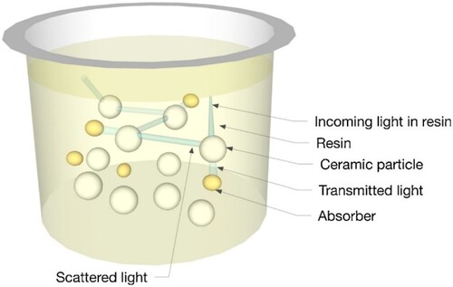 Figure 8. A schematic depicting the interaction of light with ceramic particles suspended in a liquid resin [Citation25].