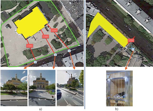 Figure 11. Issues in our heuristic to download GSV pictures for urban-objects: a) The green lines show the actual physical boundary of urban-object of class ‘government’. This urban-object was assigned a smaller spatial extent by OSM volunteers represented by yellow polygon. Thus the gap between the yellow polygon and the street is more than 12m. As a consequence, the GSV pictures in the second row were missed during the download from Google Street View API. b) There exist building facades which do not face streets but are still at a distance less than 12m from a nearby street. In this case, the GSV pictures downloaded for this urban-object, which is an educational institution, belong to adjacent urban-object, in this case, a veterinary hospital.