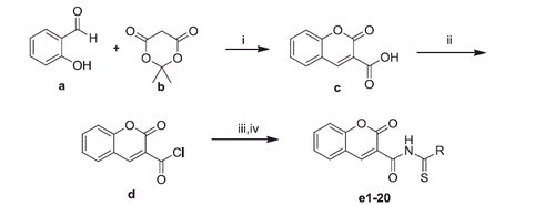 Scheme 1. Synthesis of new thiourea substituted coumaryl-carboxamid derivatives. Reaction conditions: (i) H2O, reflux, 10 h; (ii) SOCl2, 80 °C, 4 h; (iii) KSCN, CH3CN, 70 °C, 30 min.; (iv) RNH2, 70 °C, 4 h.