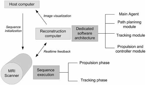 Figure 1. Overview of the computer architecture incorporated in the standard Siemens environment. The host computer is responsible for the real-time sequence compilation and initialization before it is sent for execution on the scanner. This computer also serves as the visualization computer after the image reconstruction step is over. The MRI scanner is the actual hardware that runs the pulse sequence for data acquisition. Finally, the reconstruction computer is responsible for the image generation after the data acquisition step on the scanner is completed. In the presented dedicated software environment, a feedback loop exists between the reconstruction computer and the MRI scanner which allows the pulse sequence to be modified on the fly.