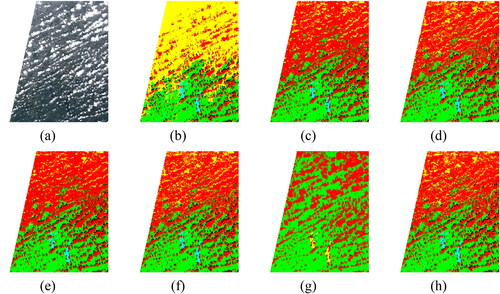 Figure 16. Munich (Germany) (a) True Color image, (b) Manual reference mask, generated cloud mask by: (c) RF with traditional texture features (d) RF with deep features (e) XGBoost with traditional texture features (f) XGBoost with deep features, (g) SVM with traditional texture features, and (h) SVM with deep features.