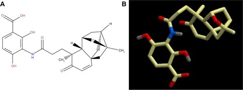 Figure 1 (A) two-dimensional and (B) three-dimensional molecular structure of platensimycin (molecular weight 441.47 g/mol).