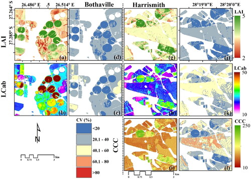 Figure 6. Biophysical and biochemical parameters maps generated by the best GPR models with S2-10m and S2-20m data in Bothaville (a–b) and Harrismith (e–g). (c), (d), (h)–(j) are the pixel-wise uncertainties coefficient of variation (CV, %).