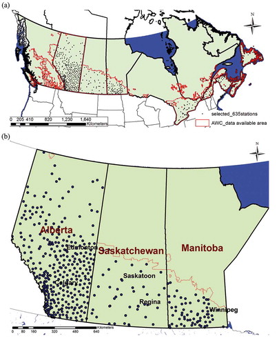 Figure 1 (a) The 635 weather stations (dots on the map) used for VegDRI-Canada model development. The red line shows the extent of the VegDRI-Canada model development. (b) The prairie region of Canada that includes Alberta, Saskatchewan, and Manitoba was selected for model evaluation. For full color versions of the figures in this paper, please see the online version.