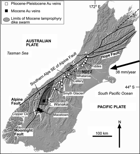 Fig. 1  Location map of the South Island showing the topography of the Southern Alps (DEM from geographx.co.nz), the current plate tectonic setting and the locations of gold-bearing vein systems along the mountains. Specific mineralised localities mentioned in this study are indicated and described in Table 1 and the text (MDFZ: Main Divide Fault Zone).