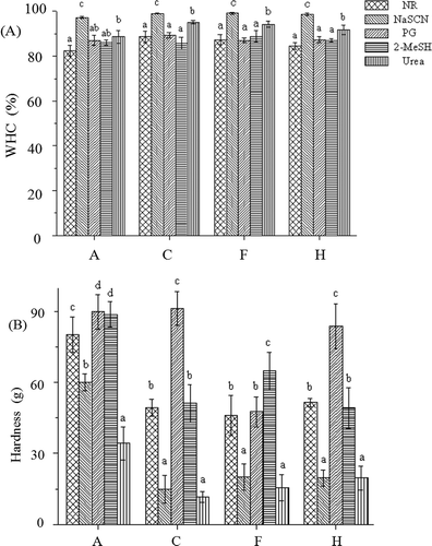 Figure 3. Effects of NaSCN, PG, 2-MeSH, or urea on the WHC (A) and hardness (B) of various myosin gel (n = 3). A: Lys or Arg 0%, pH 6.04; C: Lys 0.05%, pH 6.32; F: Arg 0.05%, pH 6.32; and H: Lys or Arg 0%, pH 6.32. a–d mean that the same index is significant different (p < 0.05).