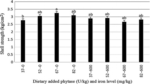 Figure 1. Interaction between dietary added iron and phytase on shell strength.