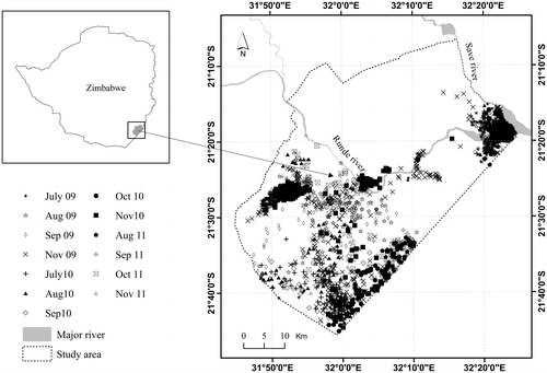 Figure 2. Elephant location data (from Global Positioning System (GPS) collars) collected from the eight elephants during 13 selected months between July 2009 and November 2011 in northern Gonarezhou National Park, south-east Zimbabwe.
