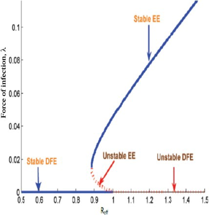 Figure 10. Backward bifurcation of the force of infection at equilibrium against the effective reproduction number Reff.