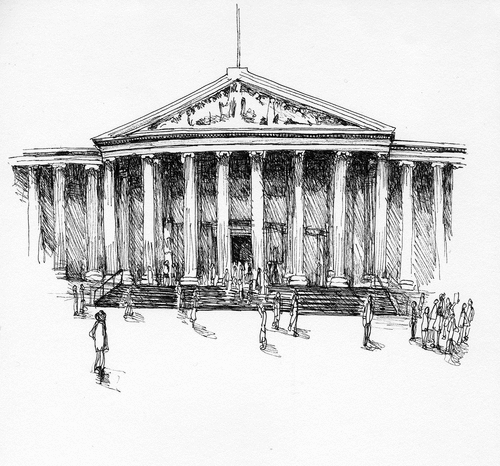 Figure 1. The Greek Revival portico on Great Russell Street. Drawing: Catherine Hahn 2021.
