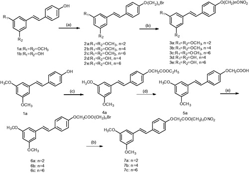 Scheme 1. General synthetic route to NO-donor compounds 3a–3e and 7a–7c. Reagents and conditions: (a) dibromo alkane, K2CO3, acetone, reflux, 6 h; (b) AgNO3, acetonitrile, 80 °C, 2 h; (c) ethyl bromoacetate, K2CO3, acetone; (d) KOH, methanol; (e) dibromo alkane, Et3N, acetone, reflux, 24 h.