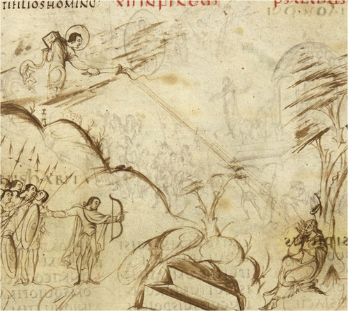 Figure 9. The Utrecht Psalter (Utrecht, Universiteitsbibliotheek, MS 32), Psalm 12, folio 7r (detail), https://psalter.library.uu.nl/page/21.