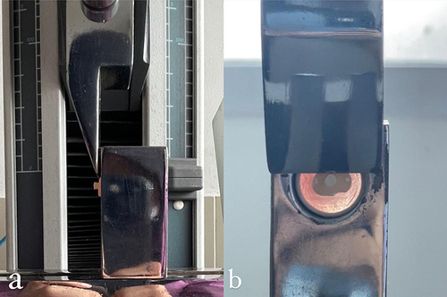 Figure 2 (a) Testing of composite shear bond strength using universal testing machine from lateral view, (b) testing of composite shear bond strength using universal testing machine from occlusal view.