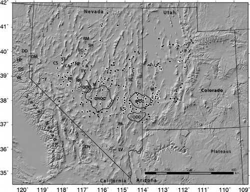 Figure 2 Locations of 376 analysed samples of middle Tertiary lava flows in the Great Basin, which lies between the Sierra Nevada and the Colorado plateaus, are shown by red circles. Because of the small scale of this figure some sample sites overlap as a single point. Also shown are the outlines of the CCC, Caliente caldera complex; CNCC, central Nevada caldera complex; IPCC, Indian Peak caldera complex; and TQCC, Toquima caldera complex as well as other localities cited in the text, as follows: A, Austin; BM, Battle Mountain; CA, Clan Alpine Mountains; CS, Carson Sink; DD, Diamond Mountains; DM, Dogskin Mountain; DS, Donner Summit; DV, Death Valley; FC, Fish Creek Mountains; HP, Haskell Peak; LV, Las Vegas; NP, New Pass Range; PA, Pahroc Range; PR, Paradise Range; P, Provo, Utah; RR, Reese River Valley; SC, Schell Creek Range; S, Seaman Range; SH, Shoshone Range; ST, Stillwater Range; T, Tonopah; TQ, Toquima Range; TY, Toiyabe Range; W, Wah Wah Mountains; Y, Yerington; and YR, Yuba River drainage.