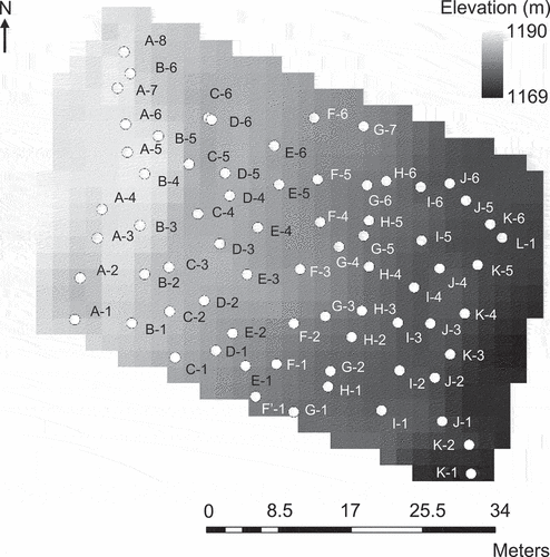 Figure 2. Map of sampling locations within the study field. The sample name denotes the transect name from a through L and the sample number.