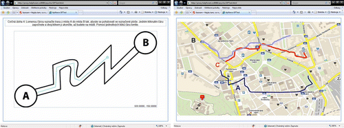 Figure 6.  The testing tool – pre-calibration – task tests the ability of the test person to draw a line within the Web environment and to keep the edited line inside the bounding tolerance buffer (left); the real test task: choosing the evacuation route (right).