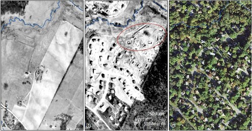 Figure 4. Example of conversion of small farm to housing development from (A) 1950, (B) 1973, and (C) 2018. The excavation of building foundations and basements is shown within the red circle in B. The development occurs along the floodplain of an unnamed tributary (shown in blue) of Piney Branch in the northwest corner of the image frame.