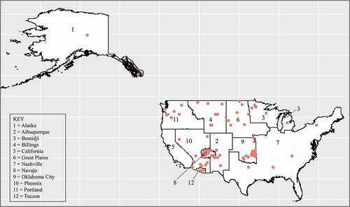 Figure 1. Locations of the IHS teleophthalmology program sites (n = 78) for this analysis within the IHS administrative areas.
