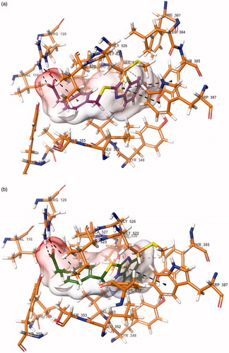 Figure 5. The binding site of COX-1 containing compound 6h (a) and 6l (b). The interacting side chain amino acid residues are shown in sticks style.