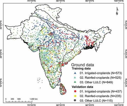 Figure 3. The spatial extent of ground data (training and validation) data (ICRISAT Citation2022; Gumma et al. Citation2017) collected for mapping of irrigated and rainfed croplands (product 1) in South Asia.