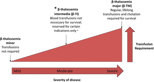 Figure 1. Spectrum of β-thalassemias according to disease severity and transfusion requirement. aRefer to Table 2 for indications for transfusion in β-TI.
