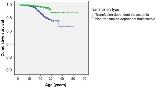 Figure 2. Kaplan–Meier survival curve of thalassemia patients as classified by transfusion status.