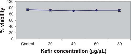 Figure 2 Effect of kefir on the viability of normal lymphocytes from the blood of healthy patients.Notes: Error bars represent standard deviation. Kefir does not result in significant reduction in the viability of normal lymphocytes.