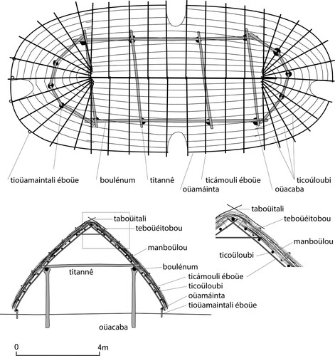 Figure 3. Top view and cross-sections of the reconstructed Island Carib or Kalinago táboüi (men’s house). The reconstruction is based on the archaeological floor plan at Argyle and the description of the building elements by Breton (Citation1999). (Drawing by Menno L.P. Hoogland).