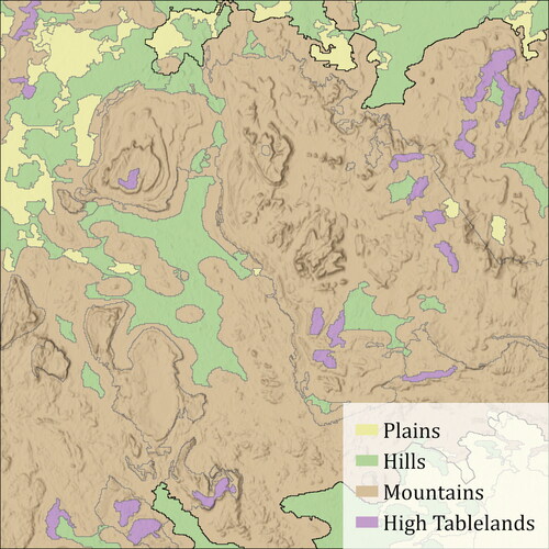 Figure 8. In this area of the Guiana Highlands, only a small portion of the high tablelands were identified in purple by Karagülle et al. (Citation2017), and instead many tablelands were classified as mountains (approximately 1:2,500,000 scale).