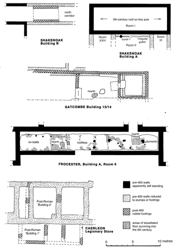 Figure 18. Sub-Roman rubble-walled structures at Shakenoak and comparable sites (Gatcombe after Branigan and Blagg Citation1977, fig. 5; Frocester after Price Citation2000, fig. 6.6; Caerleon after Guest and Gardner Citationforthcoming, figure kindly supplied by Peter Guest).
