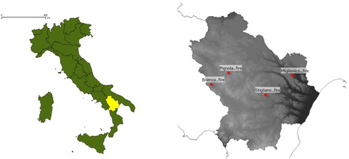 Figure 1. Geographical localization of Basilicata region (left) and study sites (right).