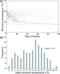 FIGURE 4. Minimum temperature experienced by Yellowfin Tuna during time at liberty: (a) lowest temperature recorded during individual time bins (gray dots), first records of each fish at the observed temperature (red dots), and exponential fit to the first occurrence data (blue line); and (b) frequency distribution of the lowest temperatures observed for each fish.