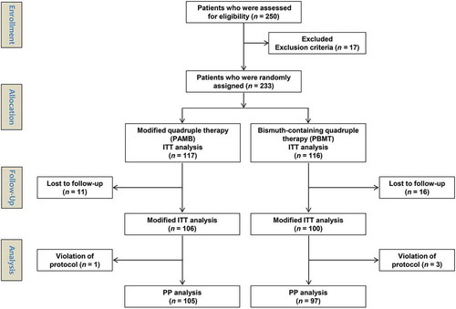 Figure 1. Patient enrollment flow chart. ITT, intention-to-treat; PP, per-protocol; n, number.